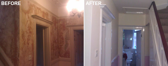 A stripped, damaged wall before and the finished room after
