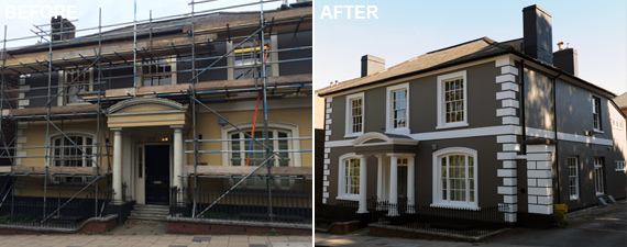 Scaffolding up, then the finished charcoal and white exterior of a Winchester house