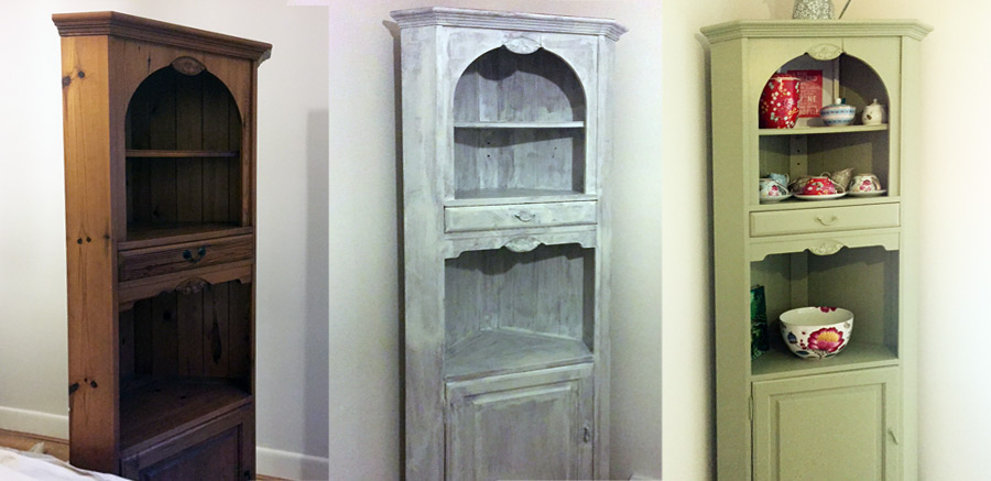 A pine corner cabinet before, primed, and finished in pale green
