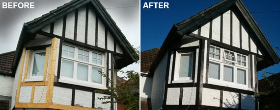 Before and after of a black and white gable