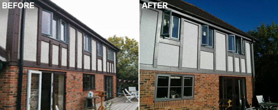 A dated mock Tudor exterior before, and the updated grey exterior after