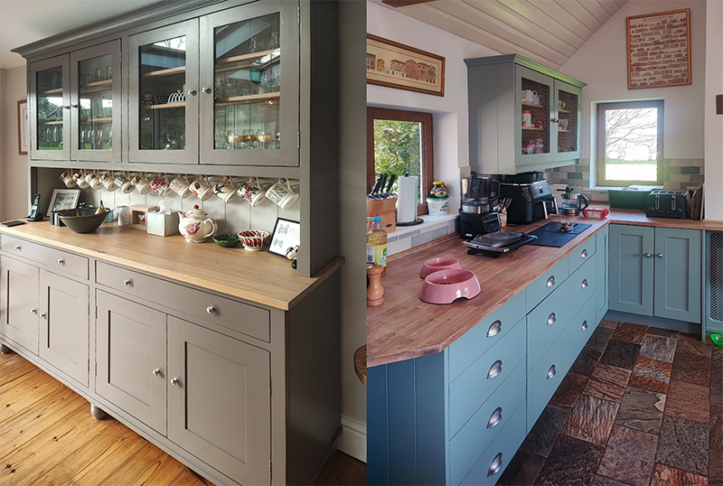 A taupe dresser and a blue painted kitchen