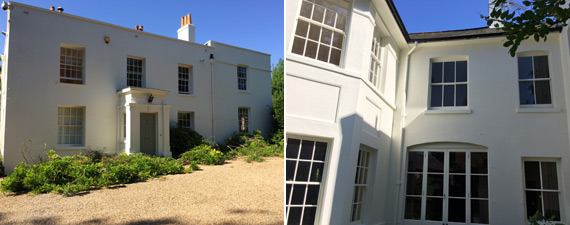 A large white country house exterior after redecoration