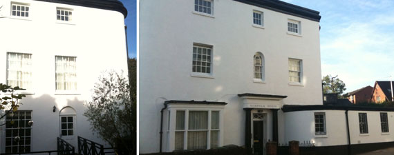 A white Georgian building exterior before and after restoration