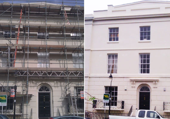 A listed townhouse under scaffolding, then finished in white