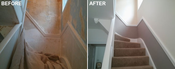 A hall and stairs before and after redecoration