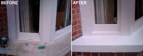 A deteriorated Victorian sash window and sill before, restored after