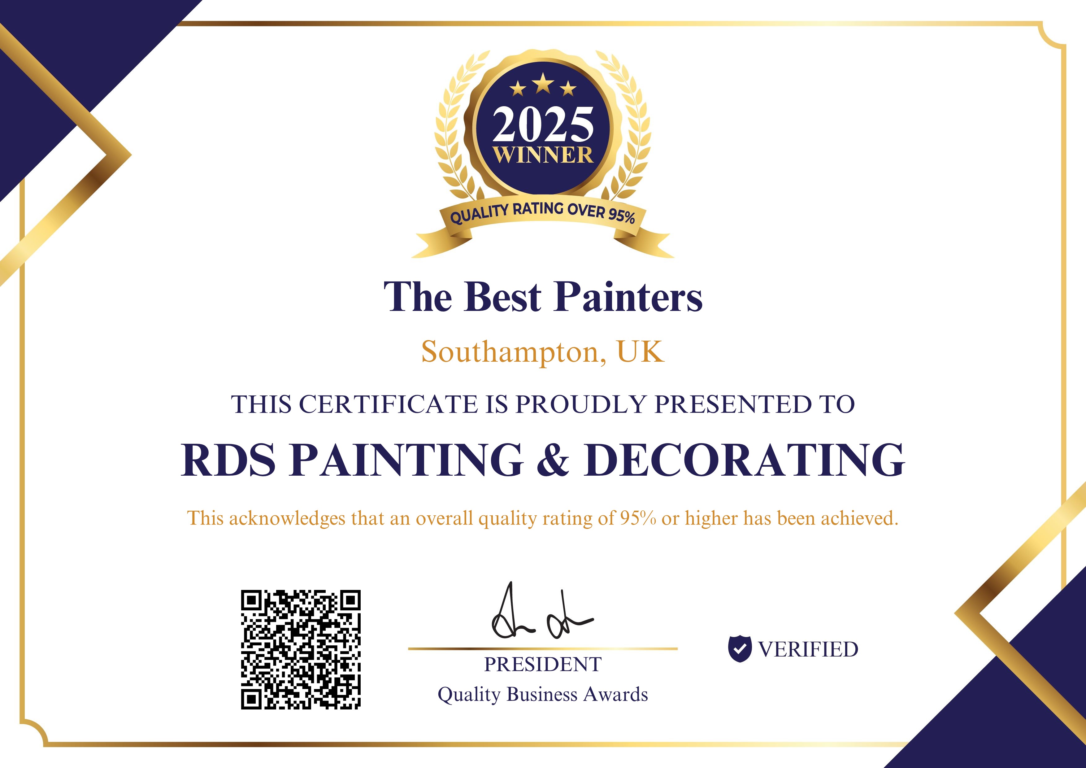 Quality Business Awards certificate: The Best Painters, Southampton, UK, presented to RDS Painting & Decorating